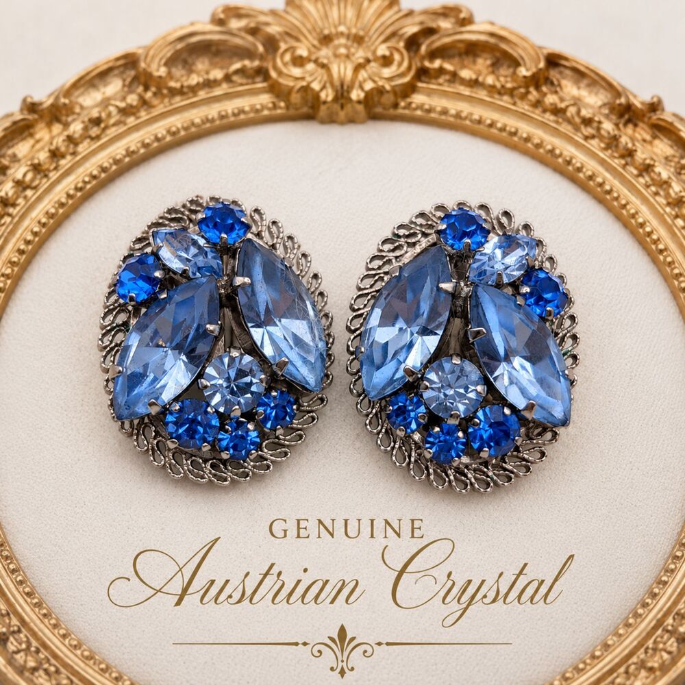 Vintage 1960s Austria Blue Rhinestone Clip-On Earrings: Aurora Borealis Crystal